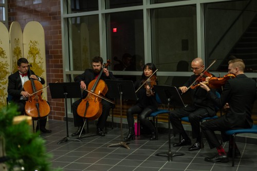 A group plays string instruments