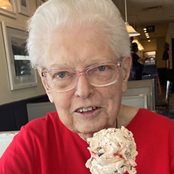 Marie Nygren eats an ice cream cone