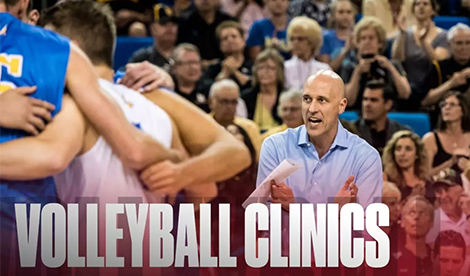 John Speraw claps. The words Volleyball Clinics