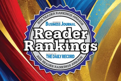 A swirly baackground of many different colors with the Rochester Business Journal Reader Rankings logo in the foreground.