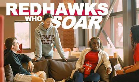 Students smile and talk. The words Redhawks Who Soar is at the top of the image.