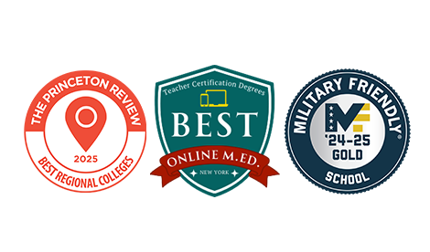 Princeton Review logo, Teacher Certification Degrees logo, and Military Friendly School logo