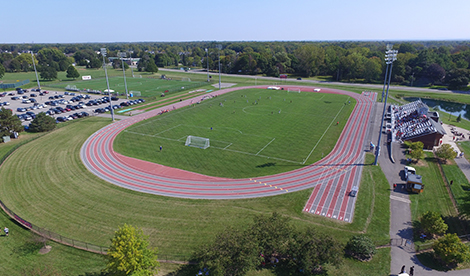 An overhead view of the Roberts soccer field and track stadium. The turf field is visible in the back, as well.