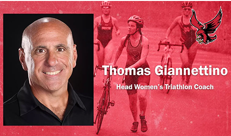 Some images of triathletes competing overlaid with a headshot of Thomas Giannettino. The words 