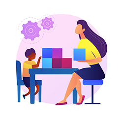 An illustration of a woman and young child sitting at a table playing with colorful blocks.